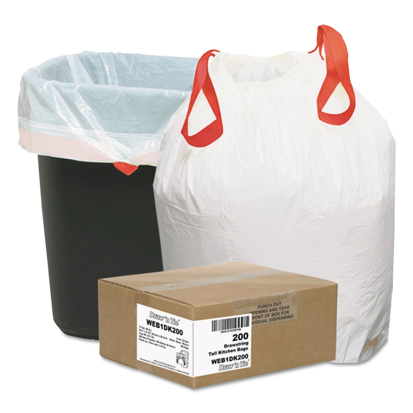 Draw 'n Tie Heavy-Duty Trash Bags, Drawstring, 13 gal, 24.5" x 27.38", White, 50 Bags/Roll, 4 Rolls/Box (1DK200)