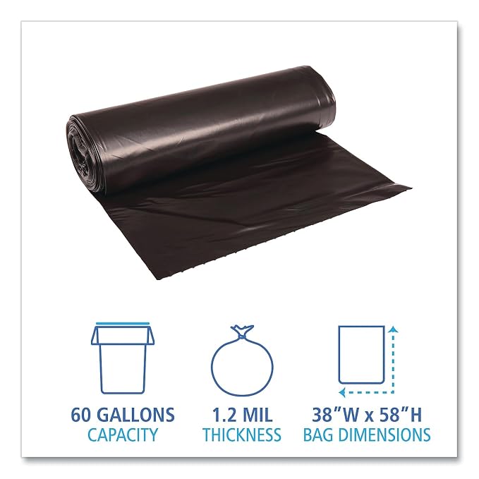 Boardwalk® 60 Gallon Black Garbage Bags, 38x58, 1.2mil, 100 Bags, BWK519