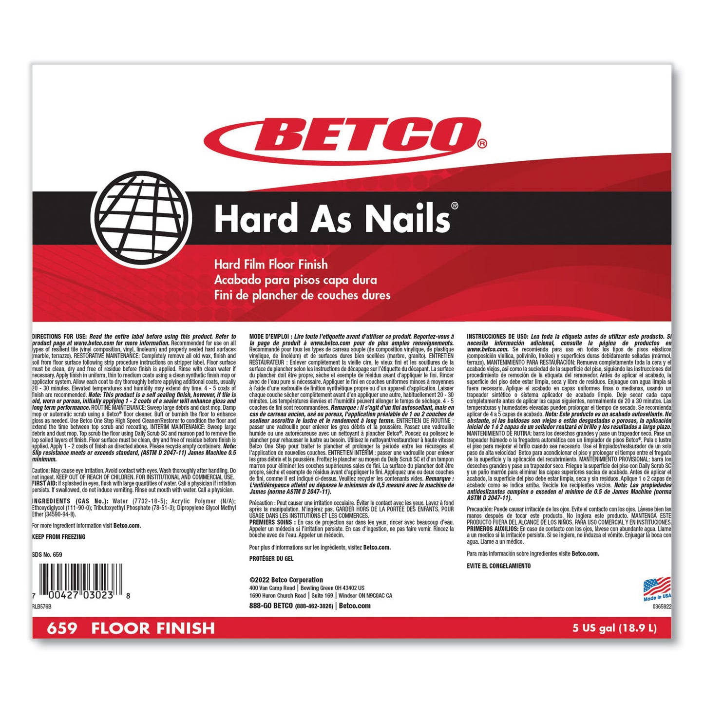 Betco Hard as Nails Floor Finish, 5 gal Bag-in-Box (659B500)