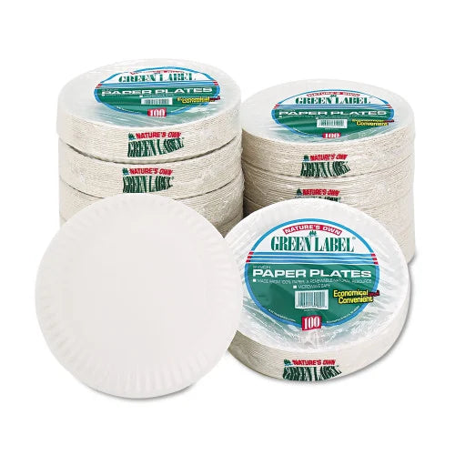 AJM White Paper Plates, 9" dia, 100/Pack, 10 Packs/Carton