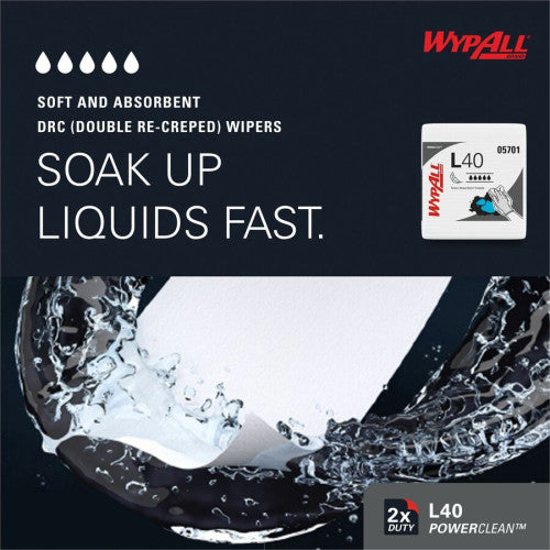 Wypall PowerClean L40 Extra Absorbent Towels For General Purpose - 12" Length x 12.50" Width - Soft, Absorbent, Absorbent - White - 56 / Pack (05701)