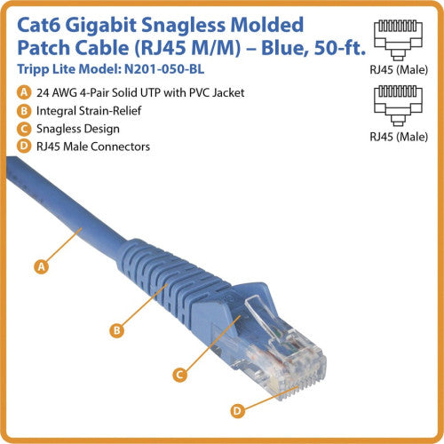 Eaton Tripp Lite Series Cat6 Gigabit Snagless Molded (UTP) Ethernet Cable (RJ45 M/M), PoE, Blue, 50 ft. (15.24 m) 50 ft Category 6 Network Cable - First End: 1 x RJ-45 Network - Male - Second End: 1 x RJ-45 Network - Male - Blue - 1 Each (N201050BL)