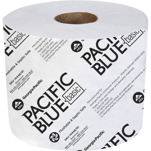 Pacific Blue Basic Standard Roll Toilet Paper 1 Ply - 3.90" Width x 4" Length - 1500 Sheets/Roll - White - 48 / Carton (1444801)