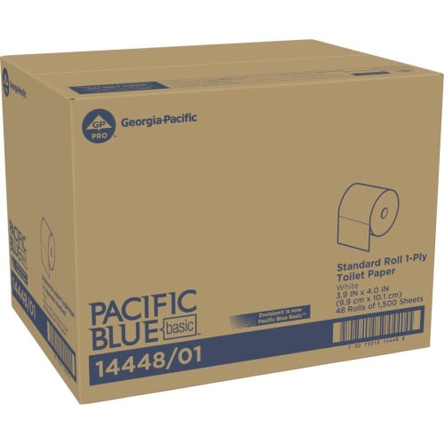 Pacific Blue Basic Standard Roll Toilet Paper 1 Ply - 3.90" Width x 4" Length - 1500 Sheets/Roll - White - 48 / Carton (1444801)