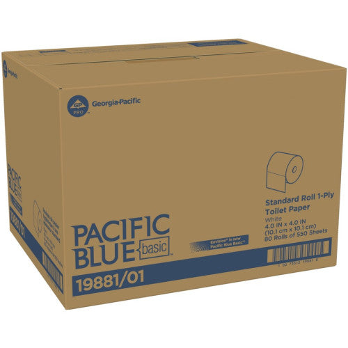 Georgia Pacific Professional Pacific Blue Basic Embossed Bathroom Tissue, Septic Safe, 1-Ply, White, 550/Roll, 80 Rolls/Carton (1988101)