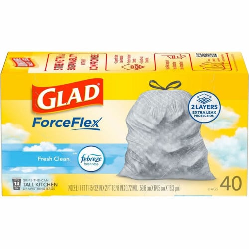 Glad ForceFlex Tall Kitchen Drawstring Trash Bags Fresh Clean with Febreze Freshness - 13 gal Capacity - 27.38" Length x 24" Width x 1.05 mil (27 Micron) Thickness - Drawstring Closure - White - Kitchen - 40 / Box (78361)