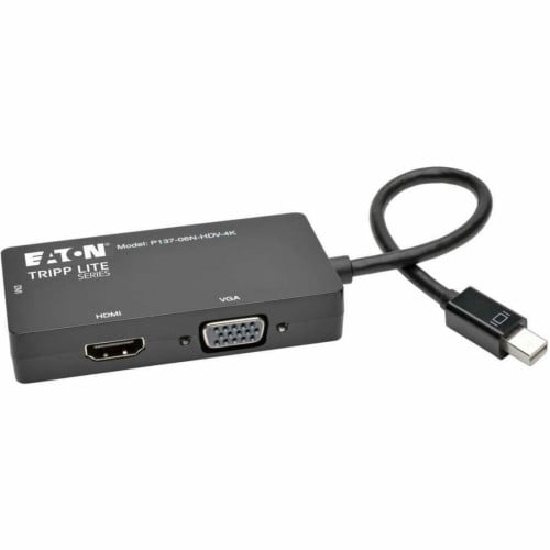 Eaton Tripp Lite Series Keyspan Mini DisplayPort to VGA/DVI/HDMI All-in-One Video Converter Adapter, 4K 30Hz HDMI, DP1.2, Black, 6-in. (15.24 cm) 6" DVI/HDMI/Mini DisplayPort/VGA A/V Cable for Audio/Video Device, Monitor, Tablet, Projector, (P13706NHDV4K)