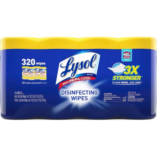 Lysol® Disinfecting Wipes, Lemon Lime, 80 Wipes, 4 Canisters Lemon Lime Scent - Pre-moistened, Antibacterial, Disinfectant - White - 80/Tub - 4 / Pack (90641)
