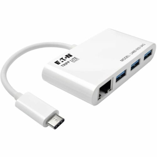 Eaton Tripp Lite Series 3-Port USB 3.x (5Gbps) Hub with LAN Port, USB-C to 3x USB-A Ports and Gigabit Ethernet, White USB Type C - External - 3 USB Port(s) - 1 Network (RJ-45) Port(s) - 3 USB 3.1 Port(s) (U4600033AG)