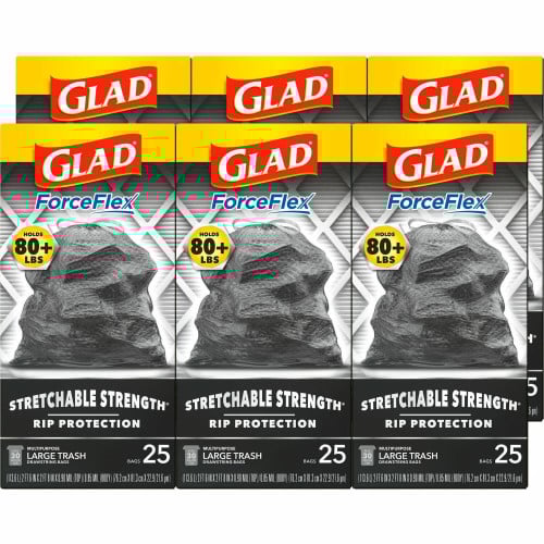 Glad ForceFlexPlus Large Drawstring Trash Bags Large Size - 30 gal Capacity - 0.90 mil (23 Micron) Thickness - Drawstring Closure - Black - Home, Office, Can - 25/Box - 6 / Carton (70359CT)