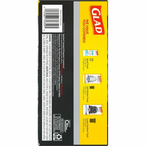 Glad ForceFlexPlus Large Drawstring Trash Bags Large Size - 30 gal Capacity - 0.90 mil (23 Micron) Thickness - Drawstring Closure - Black - Home, Office, Can - 25/Box - 6 / Carton (70359CT)