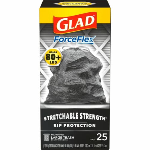 Glad ForceFlexPlus Large Drawstring Trash Bags Large Size - 30 gal Capacity - 0.90 mil (23 Micron) Thickness - Drawstring Closure - Black - Home, Office, Can - 25/Box - 6 / Carton (70359CT)
