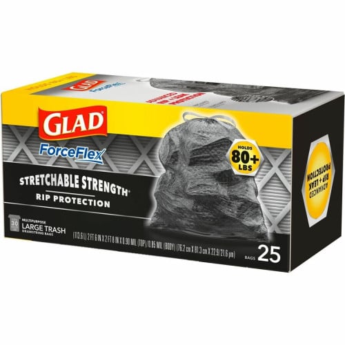 Glad ForceFlexPlus Large Drawstring Trash Bags Large Size - 30 gal Capacity - 0.90 mil (23 Micron) Thickness - Drawstring Closure - Black - Home, Office, Can - 25/Box - 6 / Carton (70359CT)