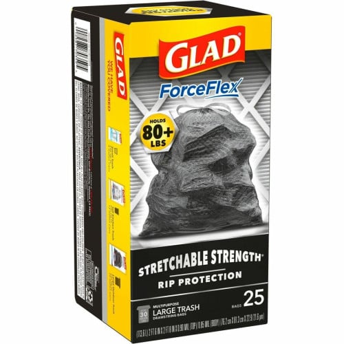 Glad ForceFlexPlus Large Drawstring Trash Bags Large Size - 30 gal Capacity - 0.90 mil (23 Micron) Thickness - Drawstring Closure - Black - Home, Office, Can - 25/Box - 6 / Carton (70359CT)