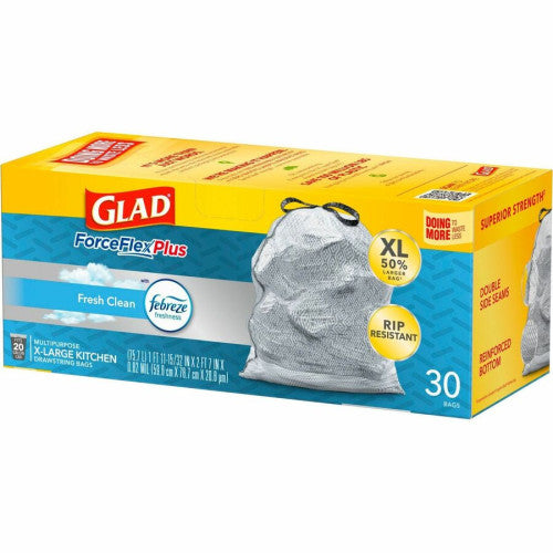 Glad ForceFlexPlus X-Large Kitchen Drawstring Bags Fresh Clean with Febreze Freshness - Large Size - 20 gal Capacity - 32.01" Length x 24.02" Width - Drawstring Closure - Gray - Home, Garbage, Office, Kitchen - 30/Box - 6 / Carton (78913CT)