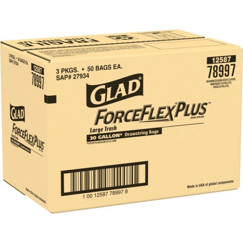 Glad ForceFlexPlus Drawstring Large Trash Bags Large Size - 30 gal Capacity - 32.01" Length x 30" Width x 0.90 mil (23 Micron) Thickness - Drawstring Closure - Black - Garbage, Indoor, Outdoor, Home, Office, Restaurant, Commercial - 50/Box - 3 / (78997CT)