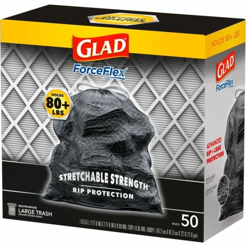 Glad ForceFlexPlus Drawstring Large Trash Bags Large Size - 30 gal Capacity - 32.01" Length x 30" Width x 0.90 mil (23 Micron) Thickness - Drawstring Closure - Black - Garbage, Indoor, Outdoor, Home, Office, Restaurant, Commercial - 50/Box - 3 / (78997CT)