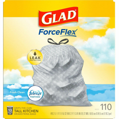 Glad ForceFlex Tall Kitchen Drawstring Trash Bags Fresh Clean with Febreze Freshness - 13 gal Capacity - 25.38" Length x 23.75" Width x 0.72 mil (18 Micron) Thickness - Drawstring Closure - White - Home, Office/ - 110 / Box (78563)