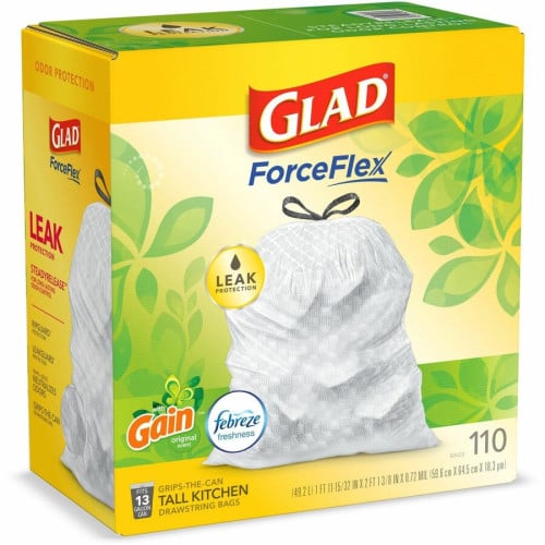Glad ForceFlex Tall Kitchen Drawstring Trash Bags Gain Original with Febreze Freshness - 13 gal Capacity - 33.75 ft Length x 25.38 ft Width x 0.72 mil (18 Micron) Thickness - Drawstring Closure - White - Home, Office, Kitchen, Breakroom - 110 / Bo (79114)