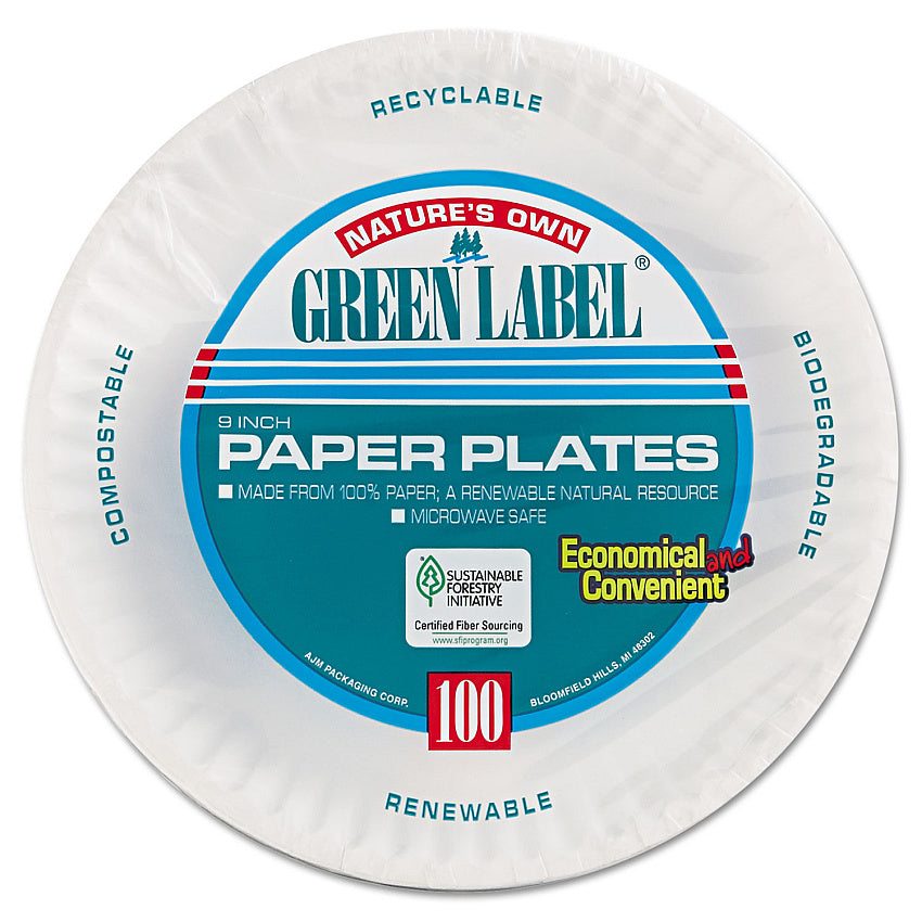 AJM Paper Plates, 9" dia, White, 100/Pack, 12 Packs/Carton (PP9GRAWH)