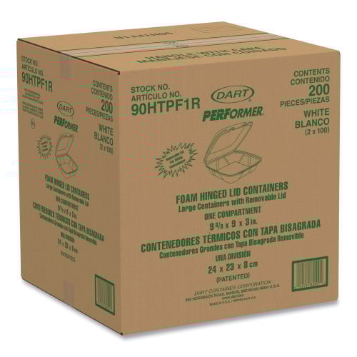 Dart Foam Hinged Lid Container, Performer Perforated Lid, 9 x 9.4 x 3, White, 100/Bag, 2 Bag/Carton (90HTPF1R)