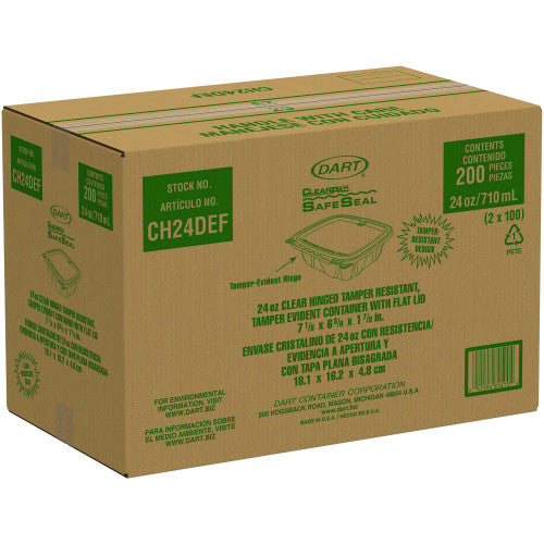 Dart ClearPac SafeSeal rPET Tamper-Resistant Container, ProPlanet Seal, Flat Lid, 24oz, 6.4 x 1.9 x 7.1, Clear, 100/Bag, 2 Bags/CT (CH24DEF)