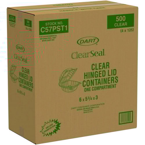 Dart ClearSeal Hinged-Lid Plastic Containers, 5.8 x 6 x 3, Clear, Plastic, 125/Pack, 4 Packs/Carton (C57PST1)
