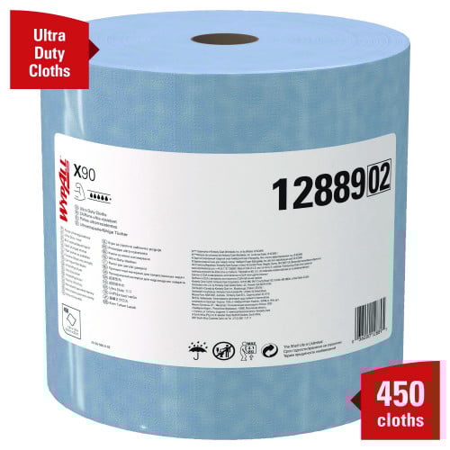 WypAll X90 Cloths, Jumbo Roll, 2-Ply, 11.1 x 13.4, Denim Blue, 450/Roll (12889)