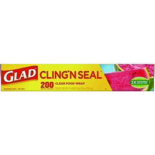 Glad Cling'N Seal Plastic Food Wrap, 200 Square Foot Roll, Clear, 12 Rolls/Carton (00020CT)