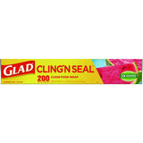 Glad Cling'N Seal Plastic Food Wrap, 200 Square Foot Roll, Clear, 12 Rolls/Carton (00020CT)