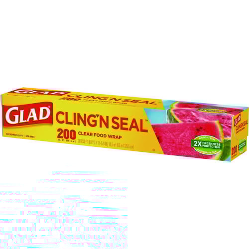 Glad Cling'N Seal Plastic Food Wrap, 200 Square Foot Roll, Clear, 12 Rolls/Carton (00020CT)