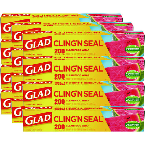 Glad Cling'N Seal Plastic Food Wrap, 200 Square Foot Roll, Clear, 12 Rolls/Carton (00020CT)