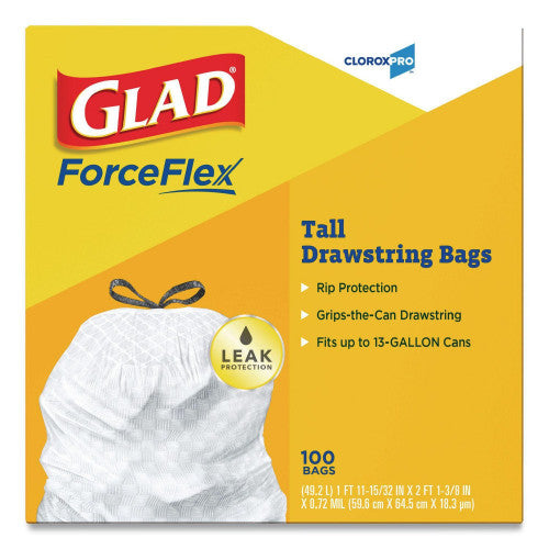 Glad Tall Kitchen Drawstring Trash Bags, 13 gal, 24" x 27.38", Gray, 100 Bags/Box, 4 Boxes/Carton (78526CT)