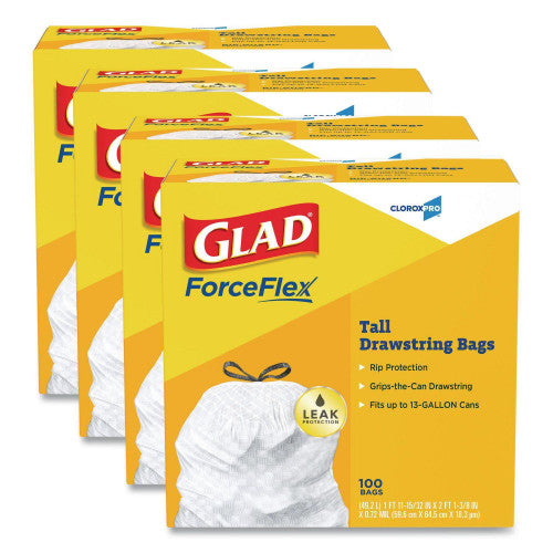 Glad Tall Kitchen Drawstring Trash Bags, 13 gal, 24" x 27.38", Gray, 100 Bags/Box, 4 Boxes/Carton (78526CT)