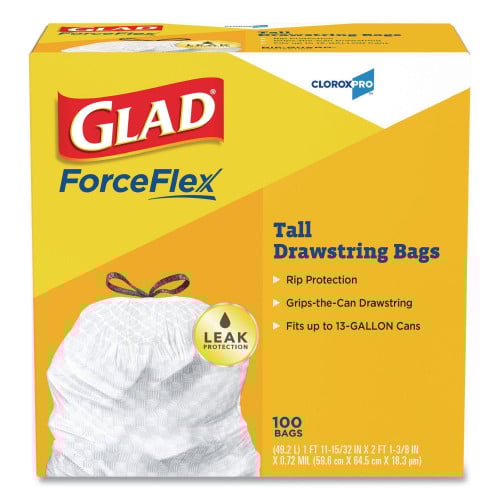 Glad Tall Kitchen Drawstring Trash Bags, 13 gal, 24" x 27.38", Gray, 100/Box (78526)