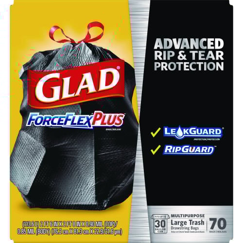 Glad ForceFlexPlus Drawstring Large Trash Bags, 30 gal, 1.05 mil, 30" x 32", Black, 70/Box (70358)