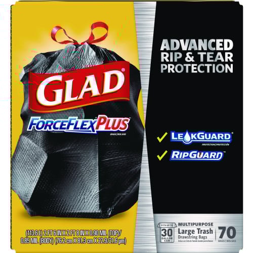 Glad ForceFlexPlus Drawstring Large Trash Bags, 30 gal, 1.05 mil, 30" x 32", Black, 70/Box (70358)