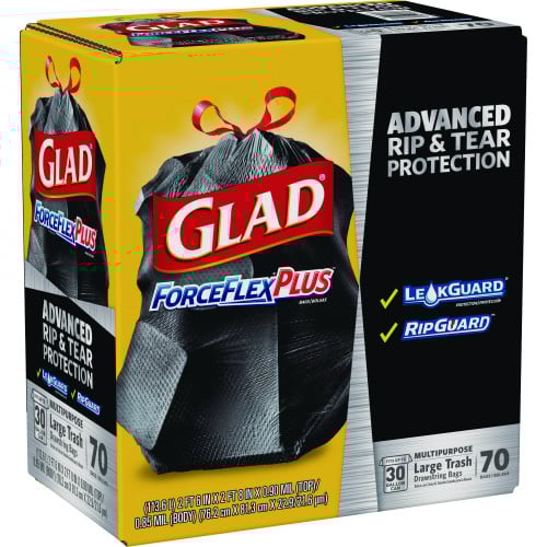 Glad ForceFlexPlus Drawstring Large Trash Bags, 30 gal, 1.05 mil, 30" x 32", Black, 70/Box (70358)