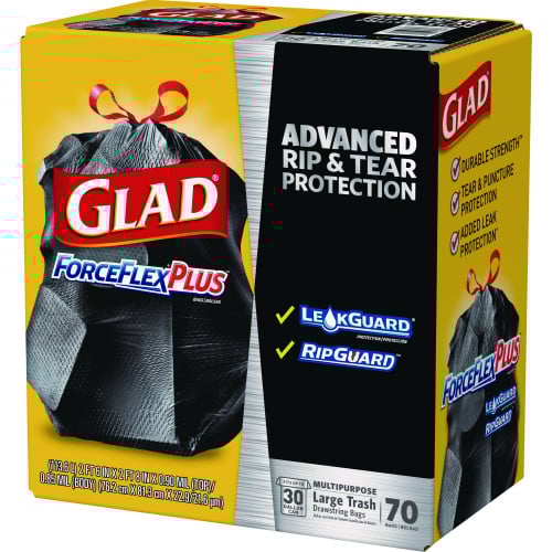 Glad ForceFlexPlus Drawstring Large Trash Bags, 30 gal, 1.05 mil, 30" x 32", Black, 70/Box (70358)