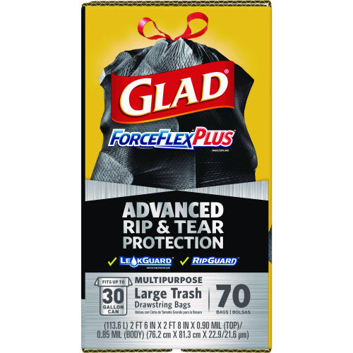 Glad ForceFlexPlus Drawstring Large Trash Bags, 30 gal, 1.05 mil, 30" x 32", Black, 70/Box (70358)