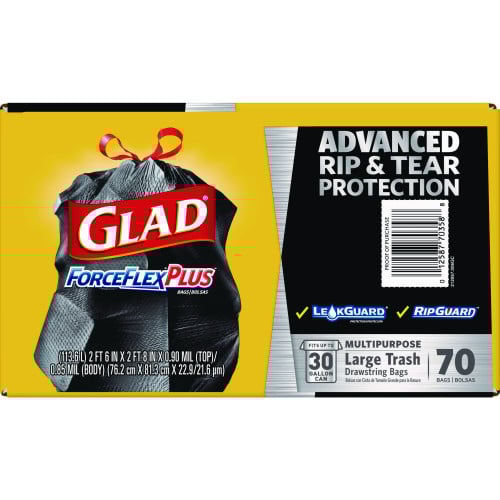 Glad ForceFlexPlus Drawstring Large Trash Bags, 30 gal, 1.05 mil, 30" x 32", Black, 70/Box (70358)