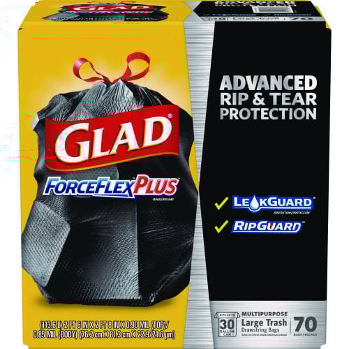Glad ForceFlexPlus Drawstring Large Trash Bags, 30 gal, 1.05 mil, 30" x 32", Black, 70/Box (70358)
