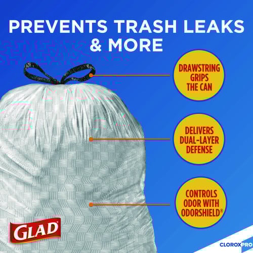 Glad CloroxPro ForceFlex Tall Kitchen Drawstring Trash Bags, 13 gal, 23.75" x 24.88", Gray, 100/Box (70427)