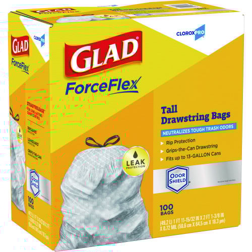Glad CloroxPro ForceFlex Tall Kitchen Drawstring Trash Bags, 13 gal, 23.75" x 24.88", Gray, 100/Box (70427)