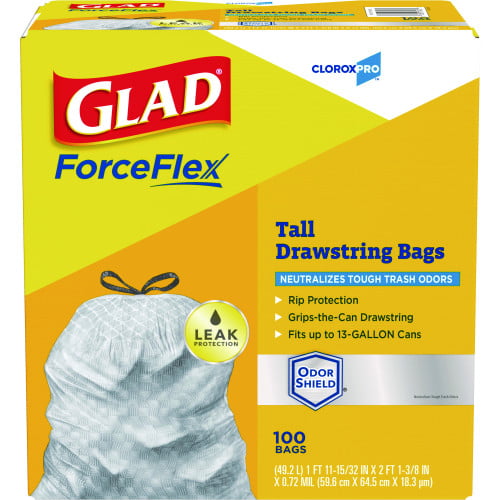 Glad CloroxPro ForceFlex Tall Kitchen Drawstring Trash Bags, 13 gal, 23.75" x 24.88", Gray, 100/Box (70427)