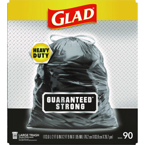 Glad Guaranteed Strong Large Drawstring Trash Bags, Three-Ply, 30 gal, 1.05 mil, 30" x 33", Black, 90/Carton (78952)