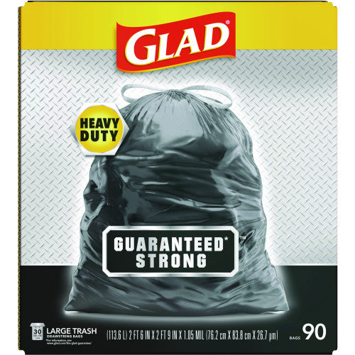 Glad Guaranteed Strong Large Drawstring Trash Bags, Three-Ply, 30 gal, 1.05 mil, 30" x 33", Black, 90/Carton (78952)