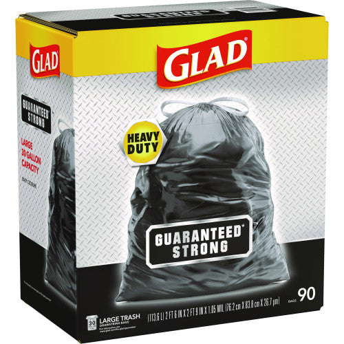 Glad Guaranteed Strong Large Drawstring Trash Bags, Three-Ply, 30 gal, 1.05 mil, 30" x 33", Black, 90/Carton (78952)