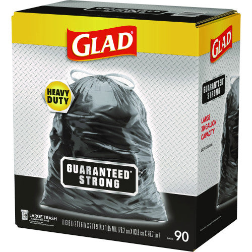 Glad Guaranteed Strong Large Drawstring Trash Bags, Three-Ply, 30 gal, 1.05 mil, 30" x 33", Black, 90/Carton (78952)