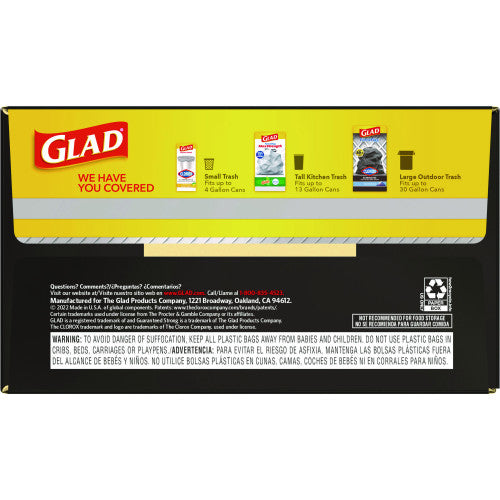 Glad Guaranteed Strong Large Drawstring Trash Bags, Three-Ply, 30 gal, 1.05 mil, 30" x 33", Black, 90/Carton (78952)